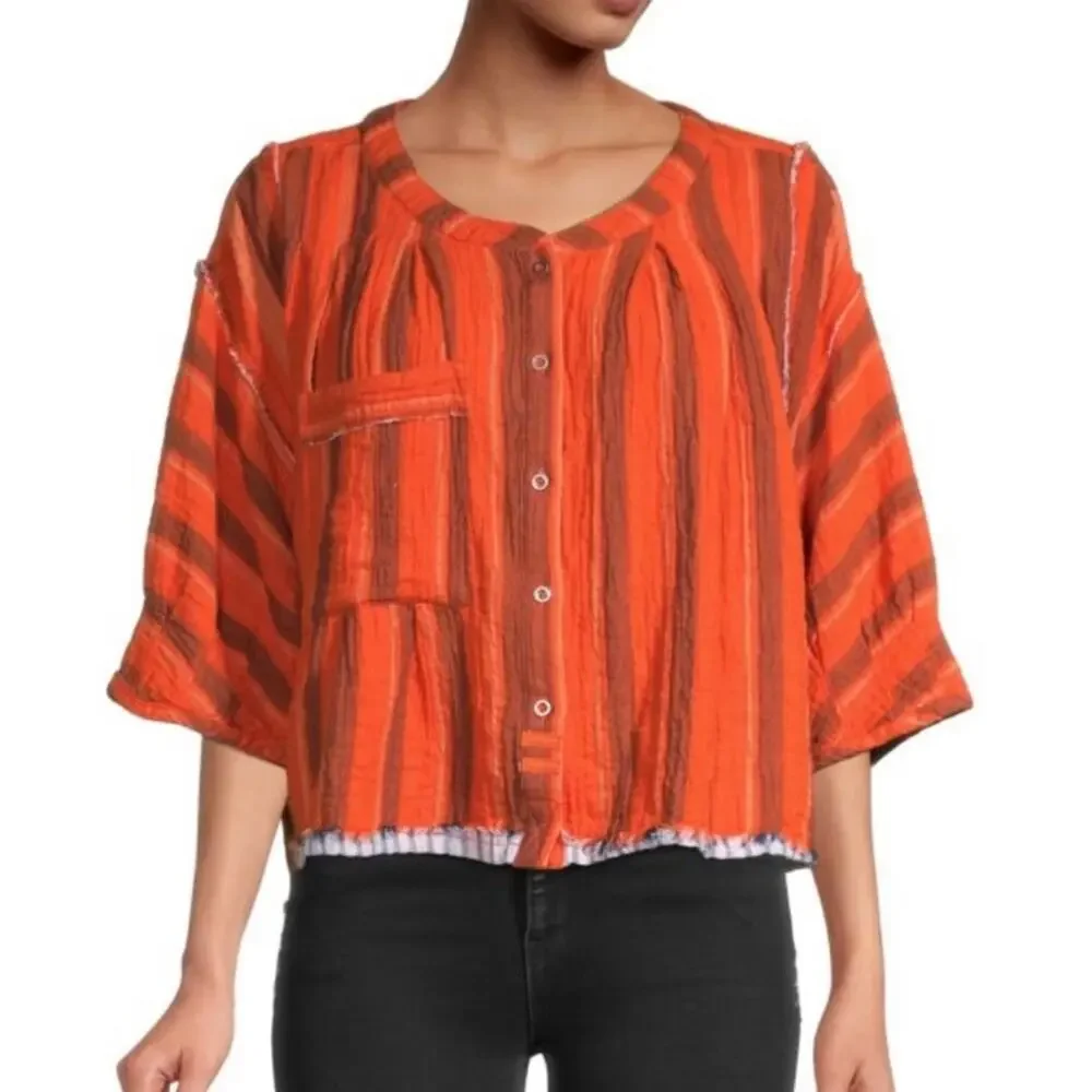 Free People Lisbon Yarn Dyed Striped Top Blouse Size Medium